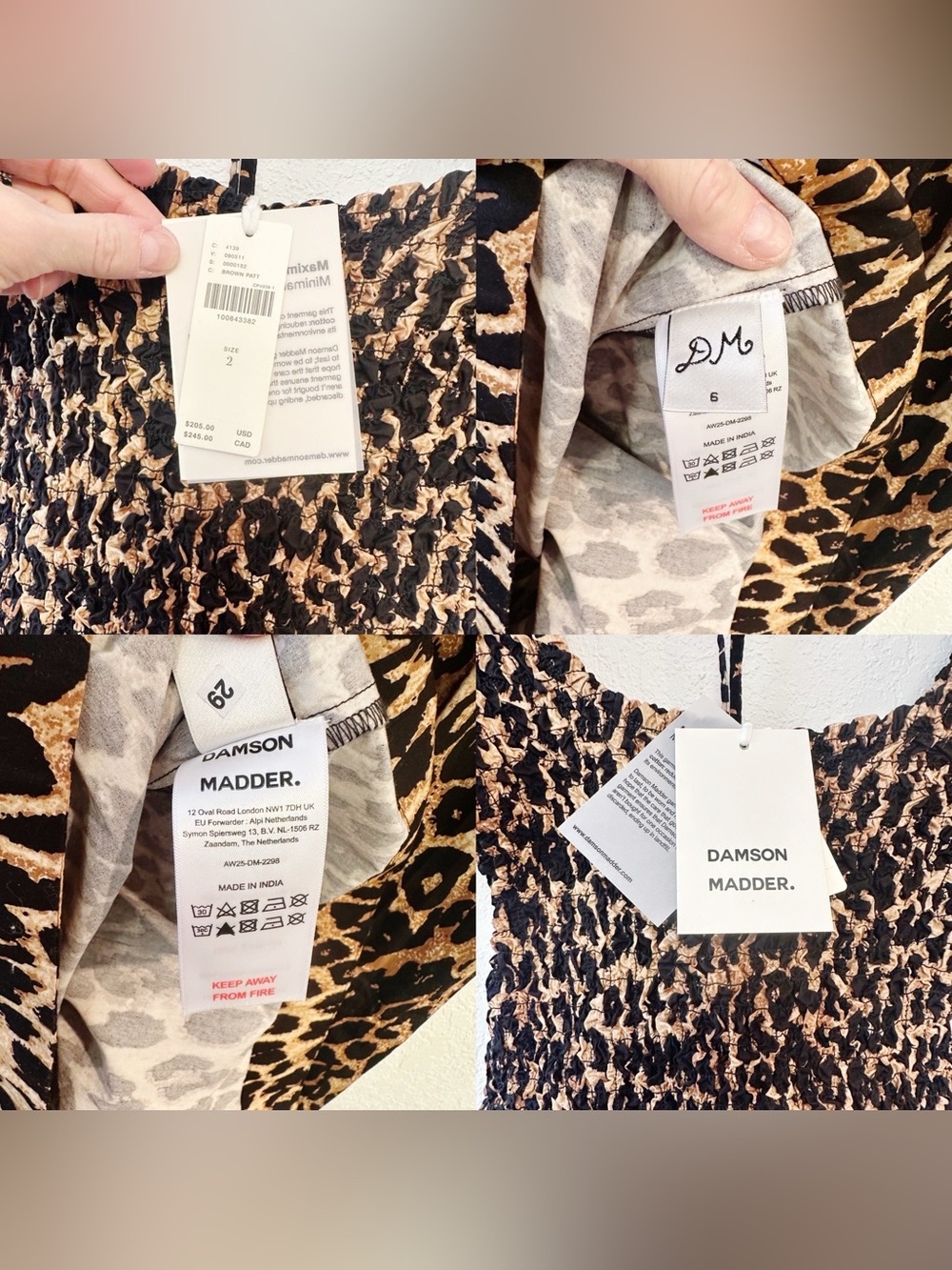 Damson Madder Malinda Smocked Animal Cheetah Midi Dress NWT Size EU 6/ US 2 - Picture 14 of 15